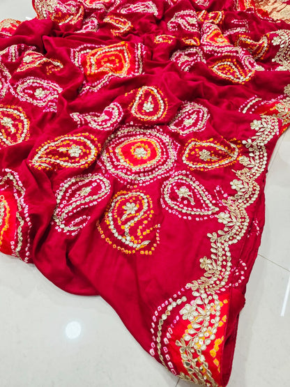 Pure Gaji Silk Bandhani Ghatchola Heavy Gotapatti Work Saree