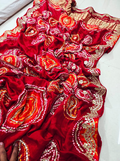 Pure Gaji Silk Bandhani Ghatchola Heavy Gotapatti Work Saree