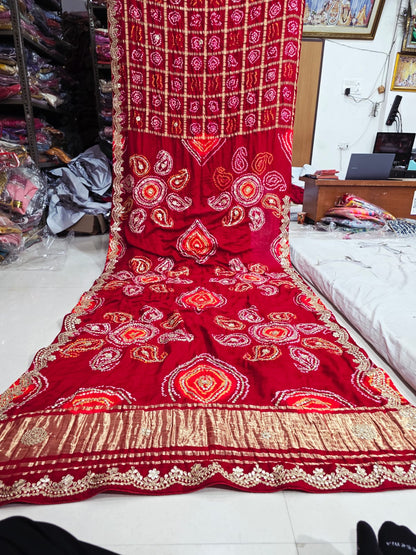 Pure Gaji Silk Bandhani Ghatchola Heavy Gotapatti Work Saree