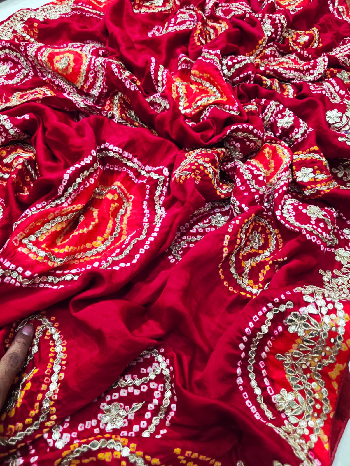 Pure Gaji Silk Bandhani Ghatchola Heavy Gotapatti Work Saree