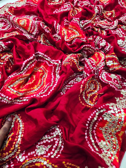 Pure Gaji Silk Bandhani Ghatchola Heavy Gotapatti Work Saree
