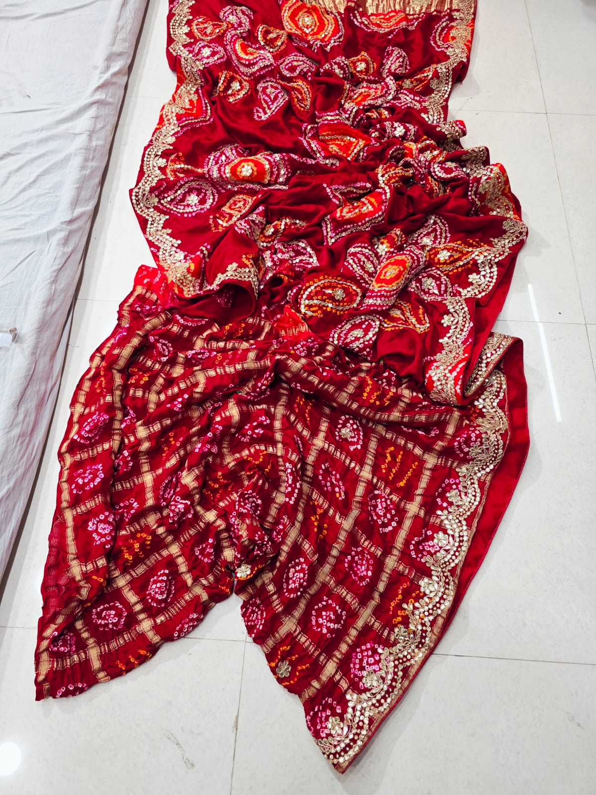 Pure Gaji Silk Bandhani Ghatchola Heavy Gotapatti Work Saree