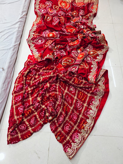 Pure Gaji Silk Bandhani Ghatchola Heavy Gotapatti Work Saree