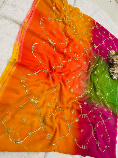 New Georgette Multi Colour Gota Patti Work Saree by pcd