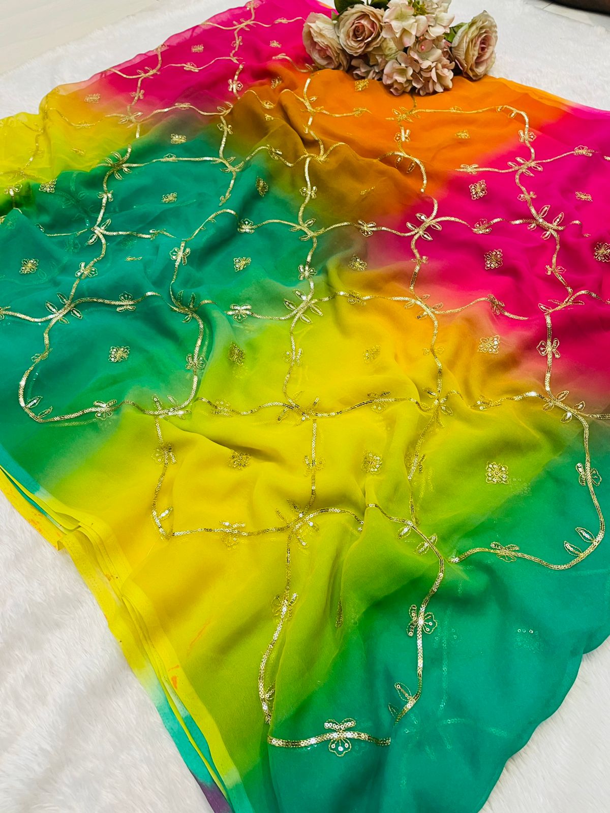 New Georgette Multi Colour Gota Patti Work Saree by pcd