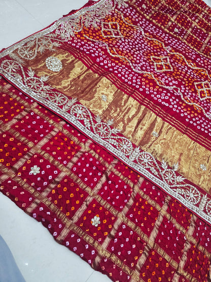Pure Modal Silk Bandhani Ekdana Bandhej Heavy Gotapatti Work Saree by pcd red rani pink