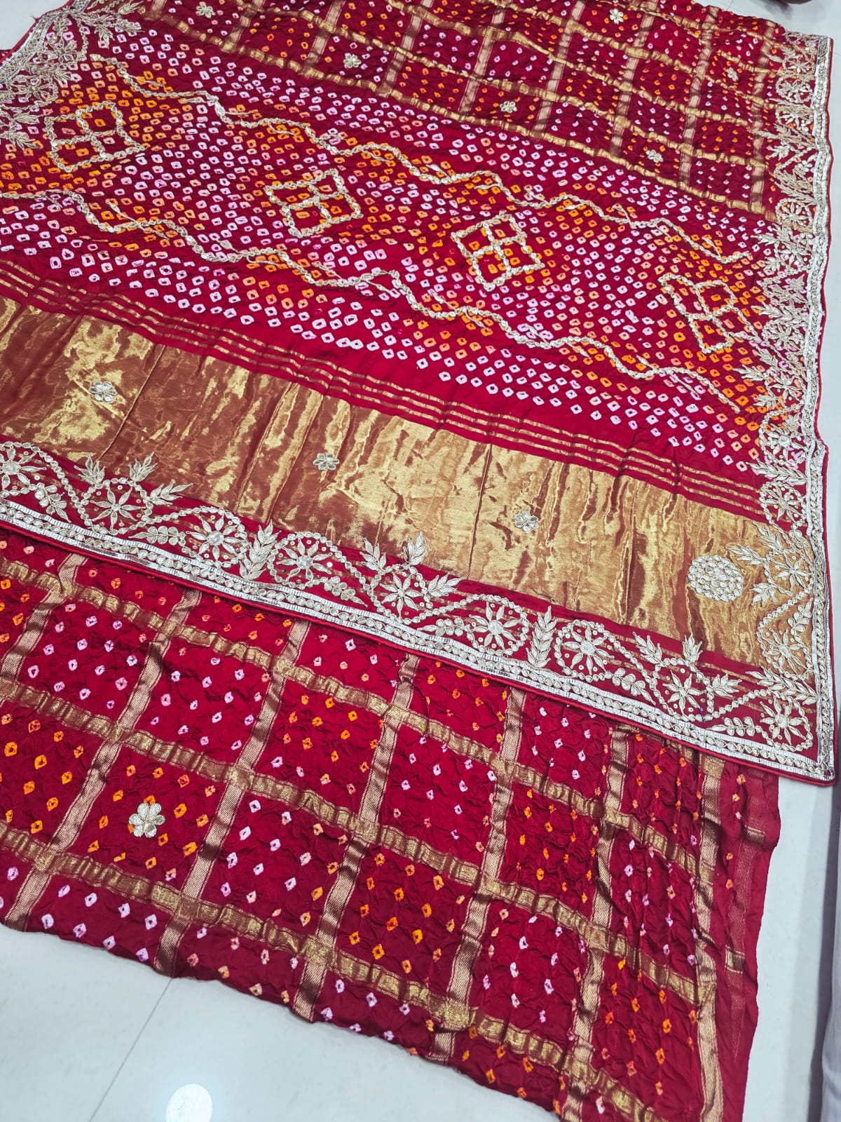 Pure Modal Silk Bandhani Ekdana Bandhej Heavy Gotapatti Work Saree by pcd red rani pink