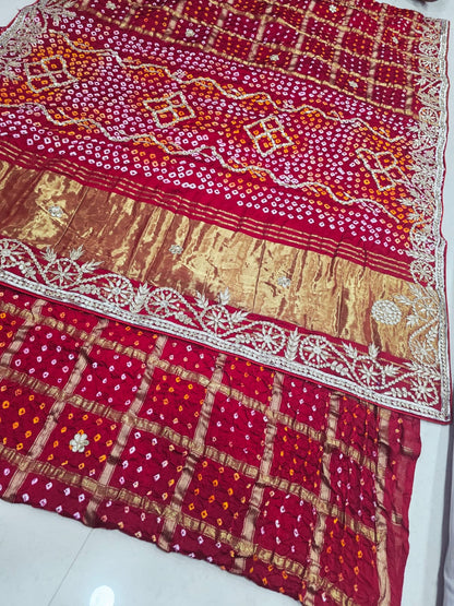 Pure Modal Silk Bandhani Ekdana Bandhej Heavy Gotapatti Work Saree by pcd red rani pink