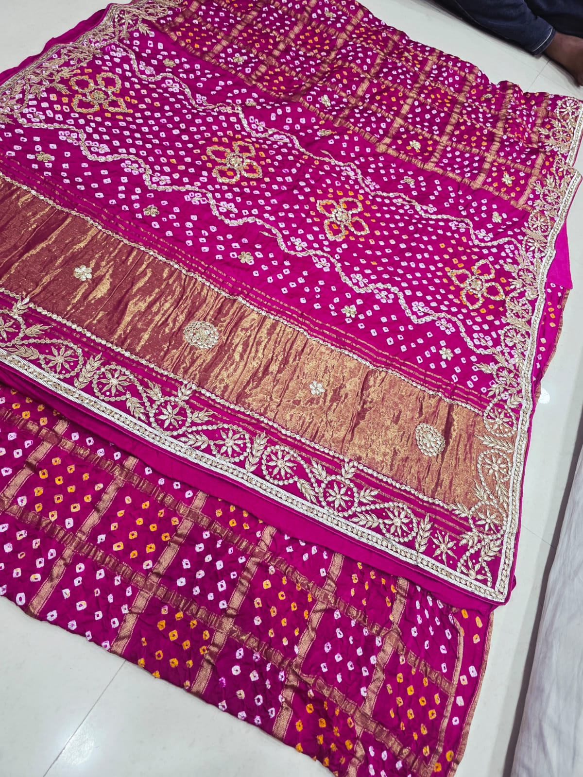 Pure Modal Silk Bandhani Ekdana Bandhej Heavy Gotapatti Work Saree by pcd red rani pink
