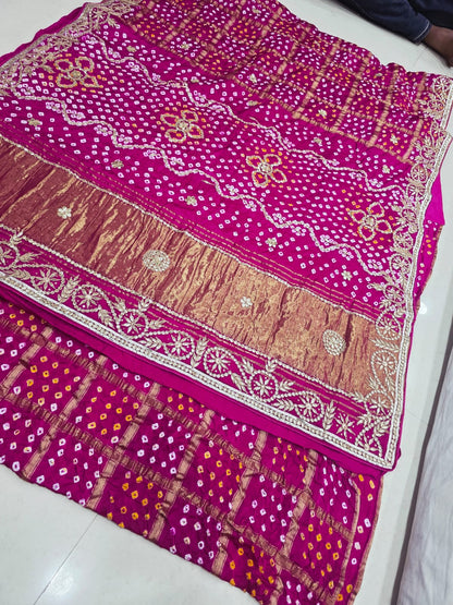 Pure Modal Silk Bandhani Ekdana Bandhej Heavy Gotapatti Work Saree by pcd red rani pink