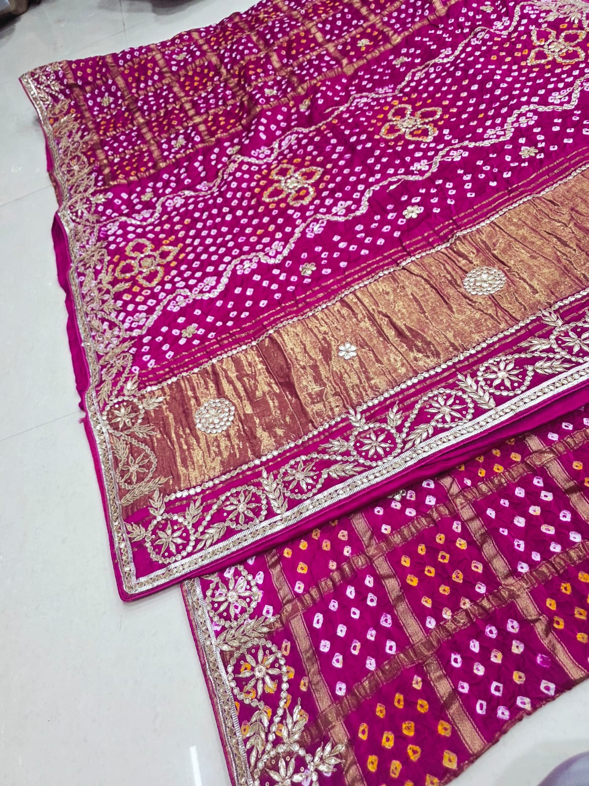 Pure Modal Silk Bandhani Ekdana Bandhej Heavy Gotapatti Work Saree by pcd red rani pink