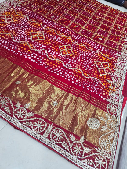 Pure Modal Silk Bandhani Ekdana Bandhej Heavy Gotapatti Work Saree by pcd red rani pink