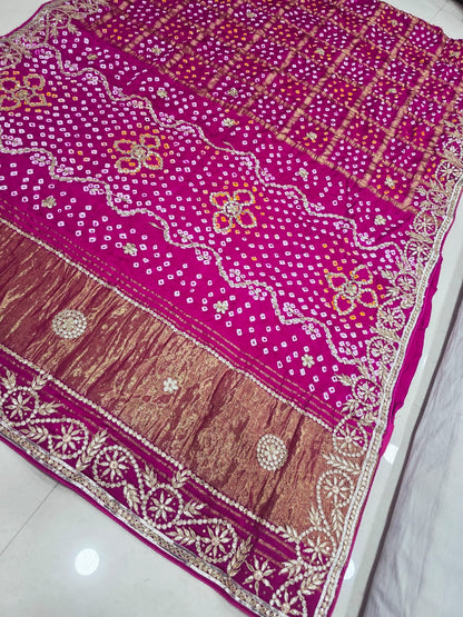 Pure Modal Silk Bandhani Ekdana Bandhej Heavy Gotapatti Work Saree by pcd red rani pink