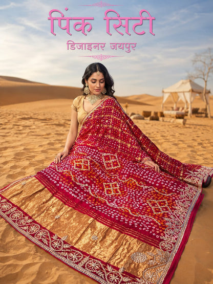 Pure Modal Silk Bandhani Ekdana Bandhej Heavy Gotapatti Work Saree by pcd red rani pink
