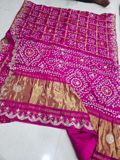 Pure Modal Gaji Silk Bandhani Ekdana Bandhej Heavy Gotapatti Work Saree by pcd