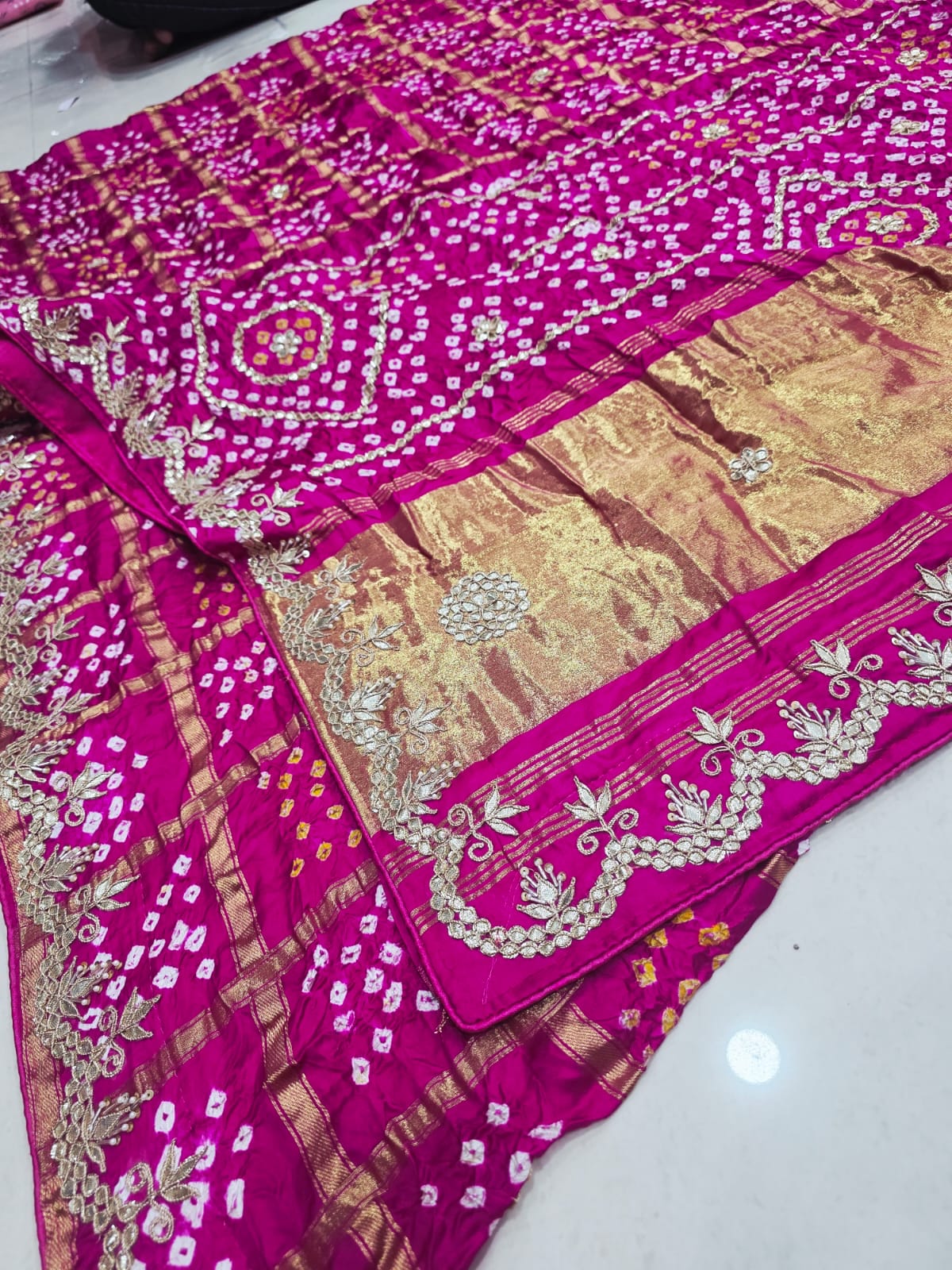 Pure Modal Gaji Silk Bandhani Ekdana Bandhej Heavy Gotapatti Work Saree by pcd