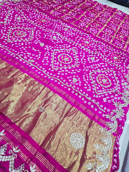 Pure Modal Gaji Silk Bandhani Ekdana Bandhej Heavy Gotapatti Work Saree by pcd
