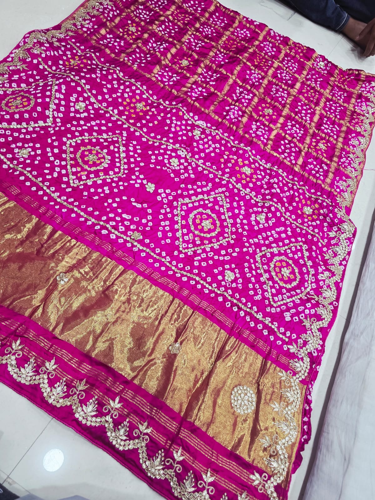Pure Modal Gaji Silk Bandhani Ekdana Bandhej Heavy Gotapatti Work Saree by pcd