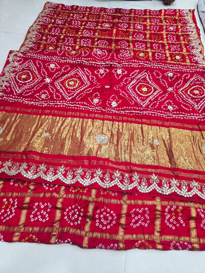 Pure Modal Gaji Silk Bandhani Ekdana Bandhej Heavy Gotapatti Work Saree by pcd