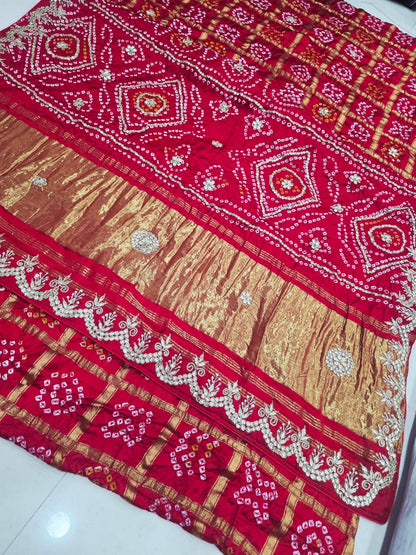 Pure Modal Gaji Silk Bandhani Ekdana Bandhej Heavy Gotapatti Work Saree by pcd