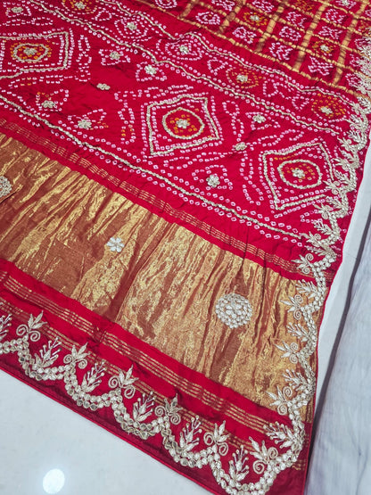 Pure Modal Gaji Silk Bandhani Ekdana Bandhej Heavy Gotapatti Work Saree by pcd