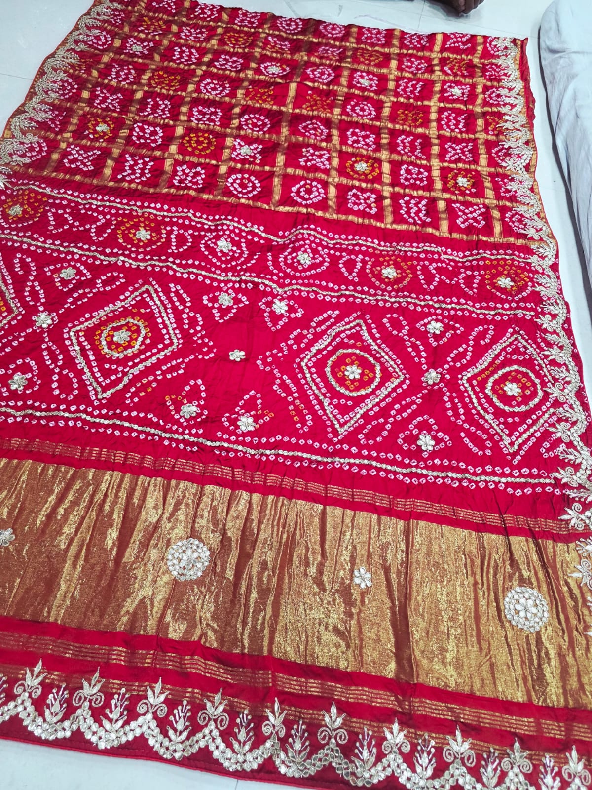 Pure Modal Gaji Silk Bandhani Ekdana Bandhej Heavy Gotapatti Work Saree by pcd