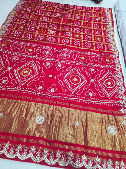 Pure Modal Gaji Silk Bandhani Ekdana Bandhej Heavy Gotapatti Work Saree by pcd