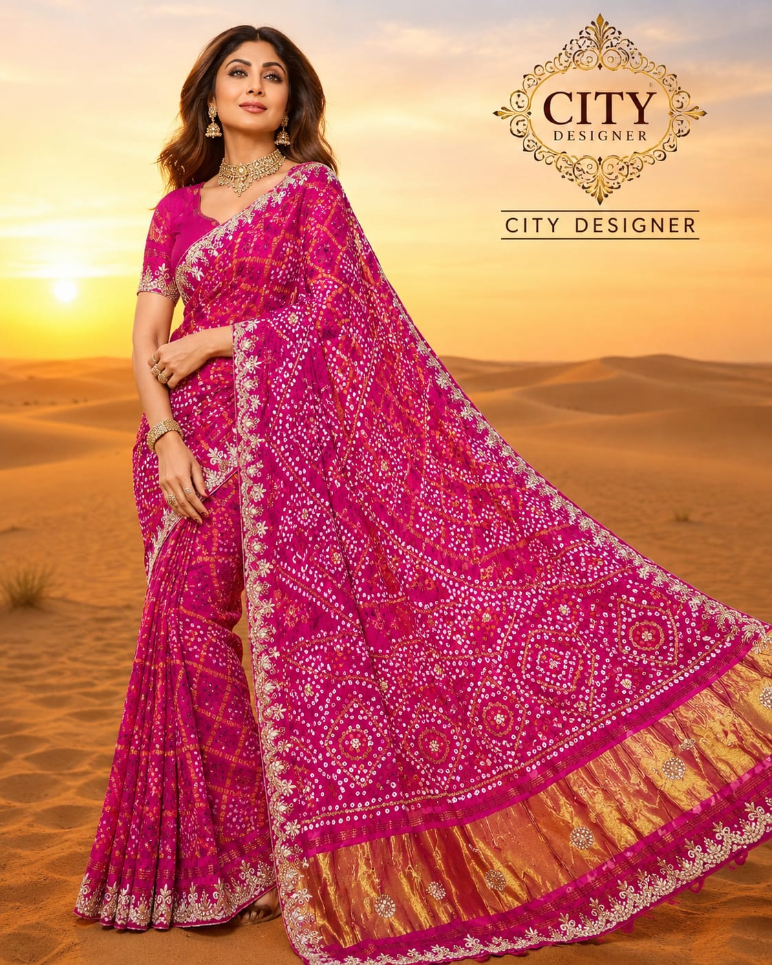 Pure Modal Gaji Silk Bandhani Ekdana Bandhej Heavy Gotapatti Work Saree by pcd