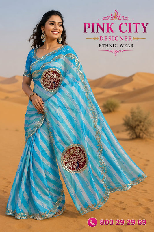 New Premium Traditional Tusser Silk Lehriya Saree with Gota Patti Detailing BY PCD