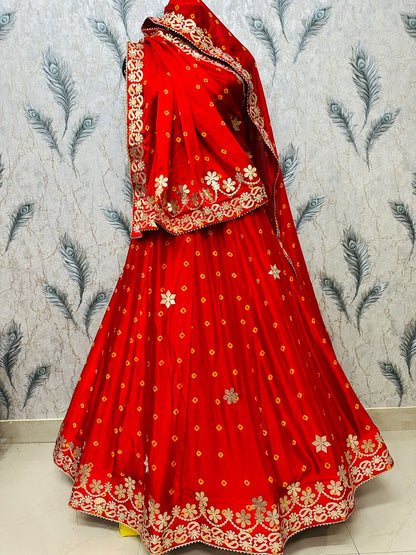New Traditional Chinon Silk Bandhani Lehenga with Rich Gota Patti Details