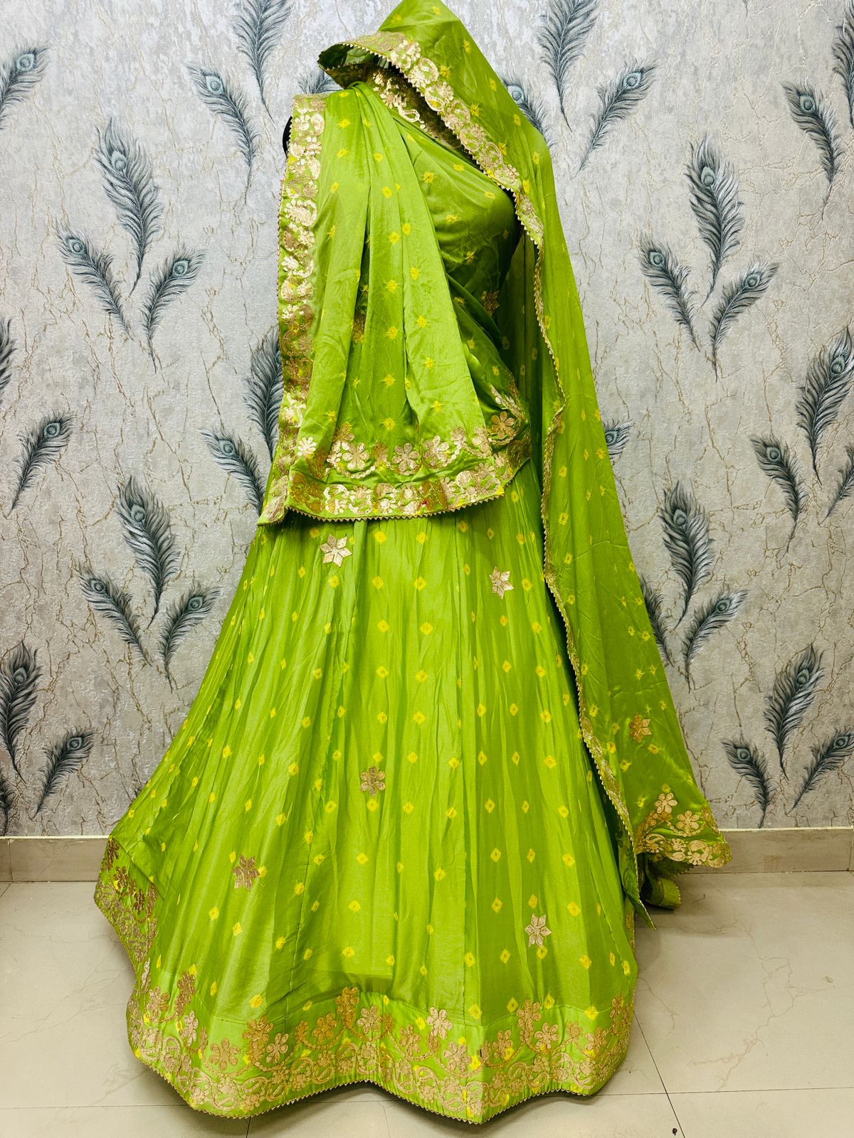 New Traditional Chinon Silk Bandhani Lehenga with Rich Gota Patti Details