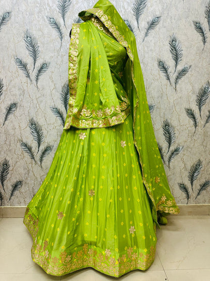 New Traditional Chinon Silk Bandhani Lehenga with Rich Gota Patti Details