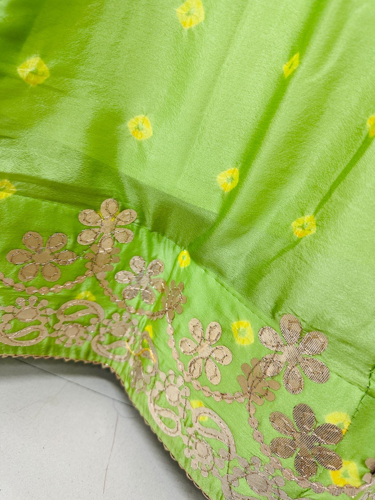New Traditional Chinon Silk Bandhani Lehenga with Rich Gota Patti Details