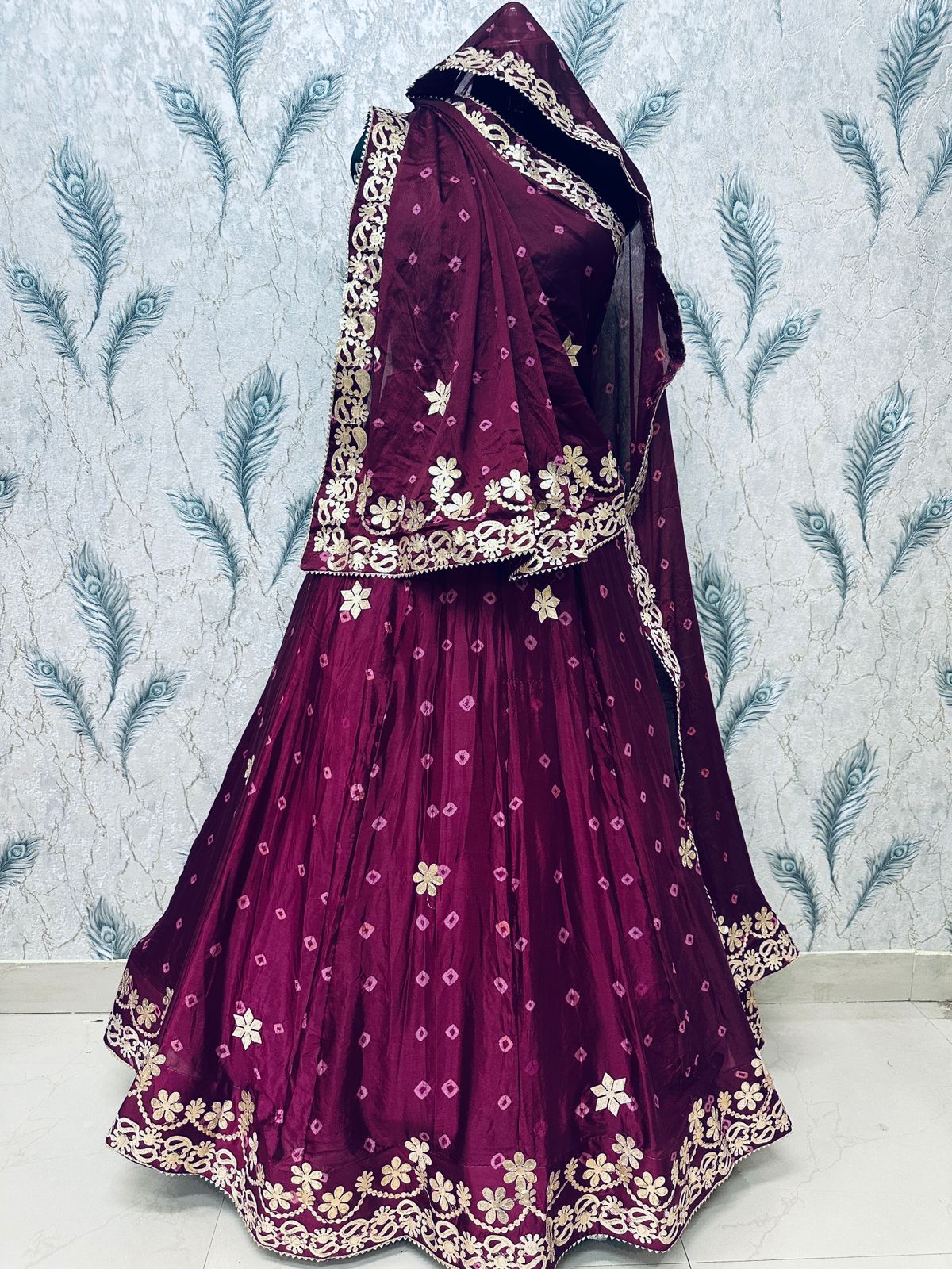 New Traditional Chinon Silk Bandhani Lehenga with Rich Gota Patti Details