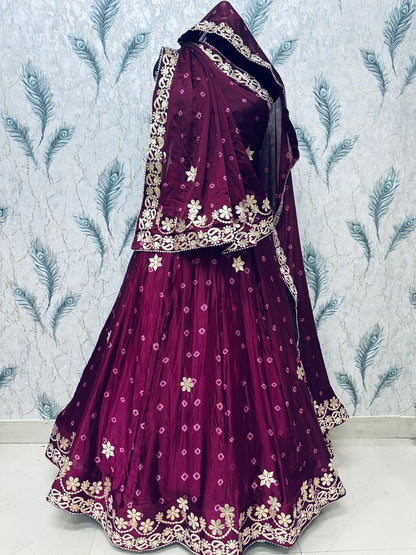 New Traditional Chinon Silk Bandhani Lehenga with Rich Gota Patti Details