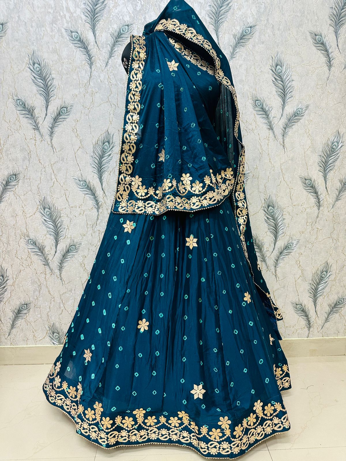 New Traditional Chinon Silk Bandhani Lehenga with Rich Gota Patti Details