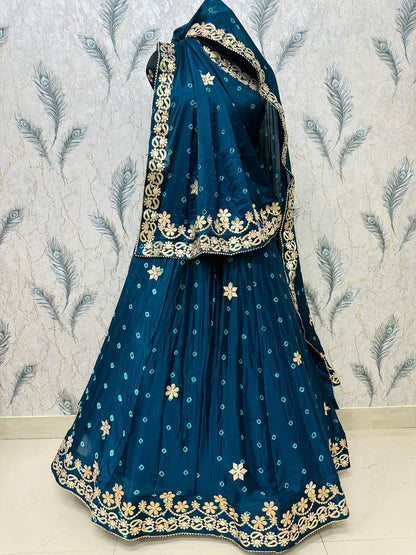 New Traditional Chinon Silk Bandhani Lehenga with Rich Gota Patti Details
