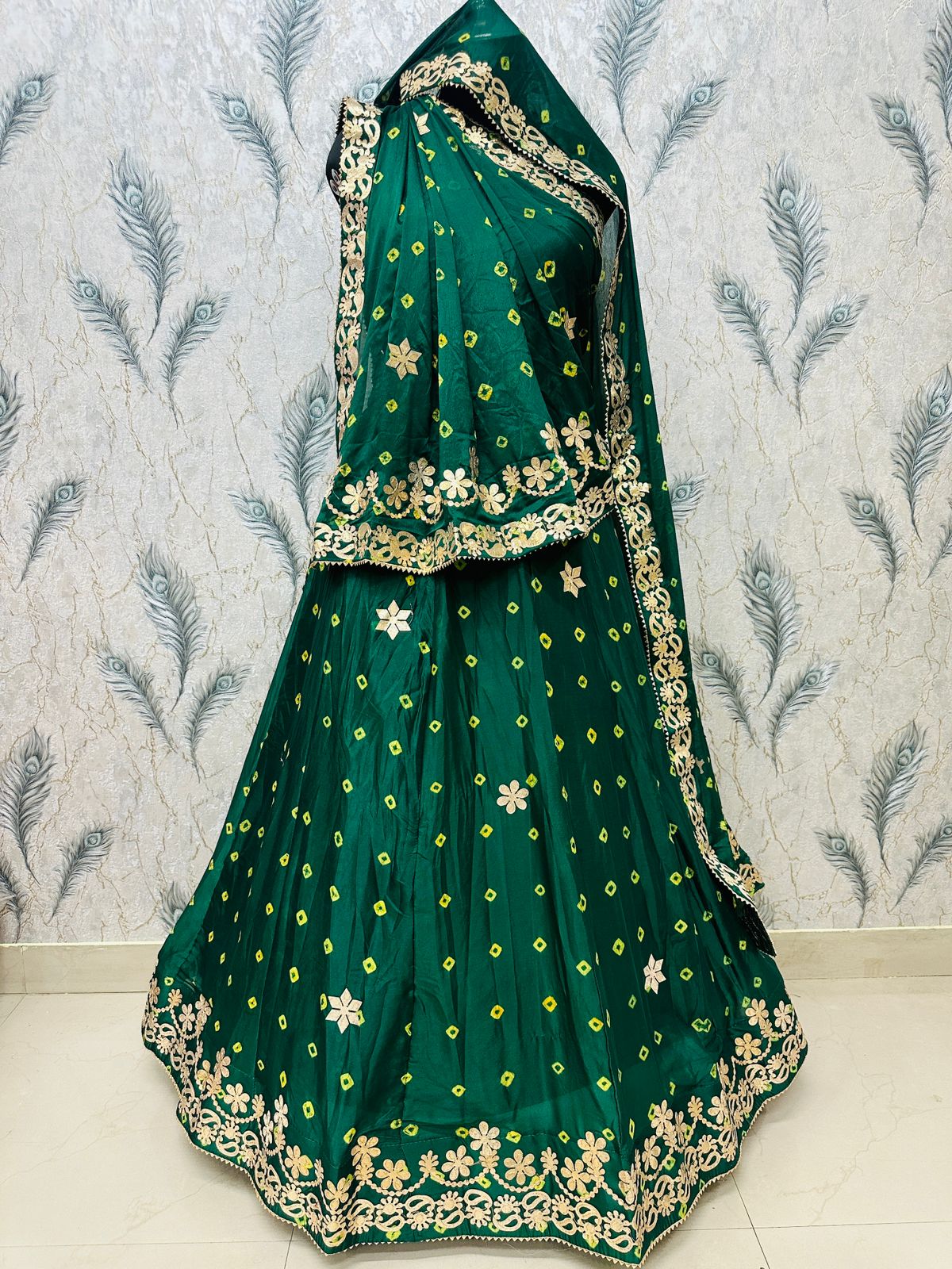 New Traditional Chinon Silk Bandhani Lehenga with Rich Gota Patti Details