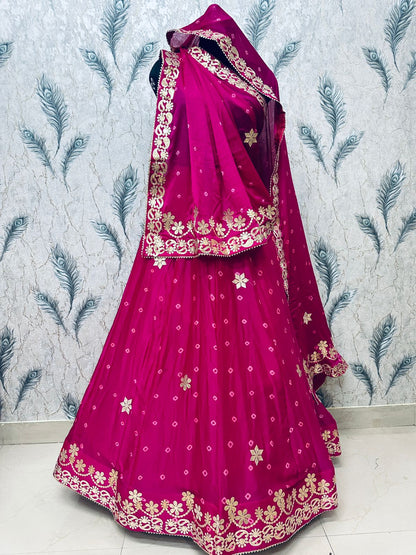 New Traditional Chinon Silk Bandhani Lehenga with Rich Gota Patti Details