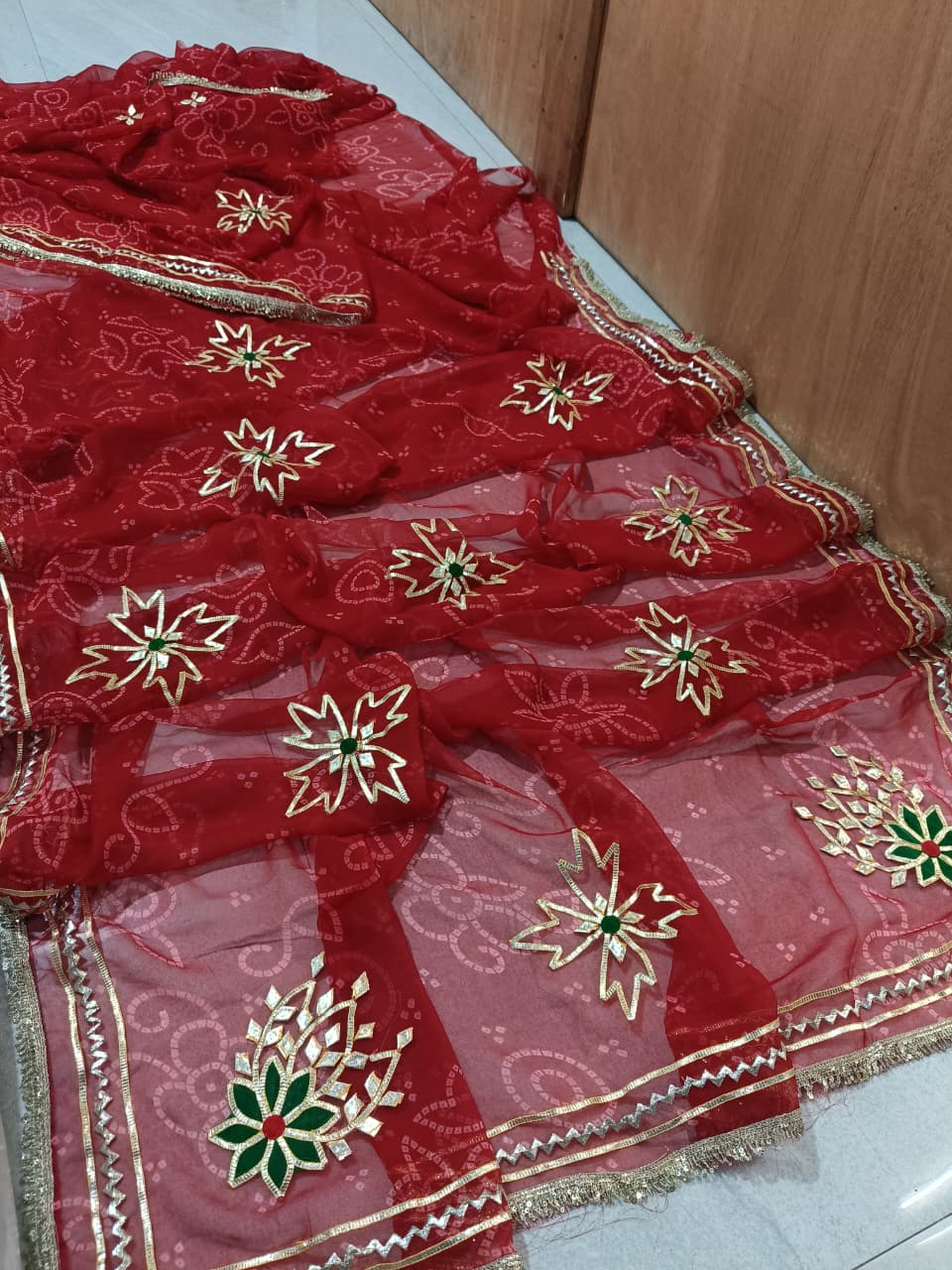 Royal Bandhani Georgette Saree With gota hand work by pcd