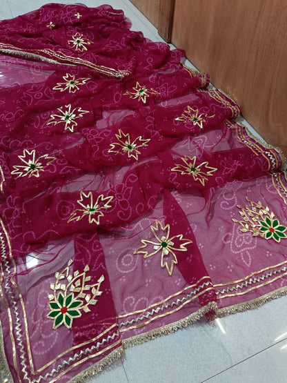 Royal Bandhani Georgette Saree With gota hand work by pcd