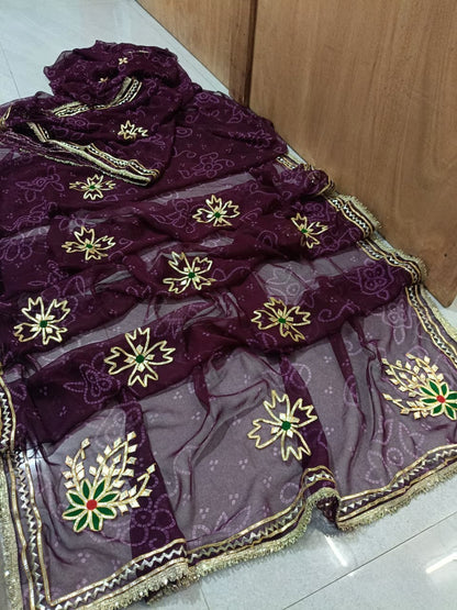Royal Bandhani Georgette Saree With gota hand work by pcd