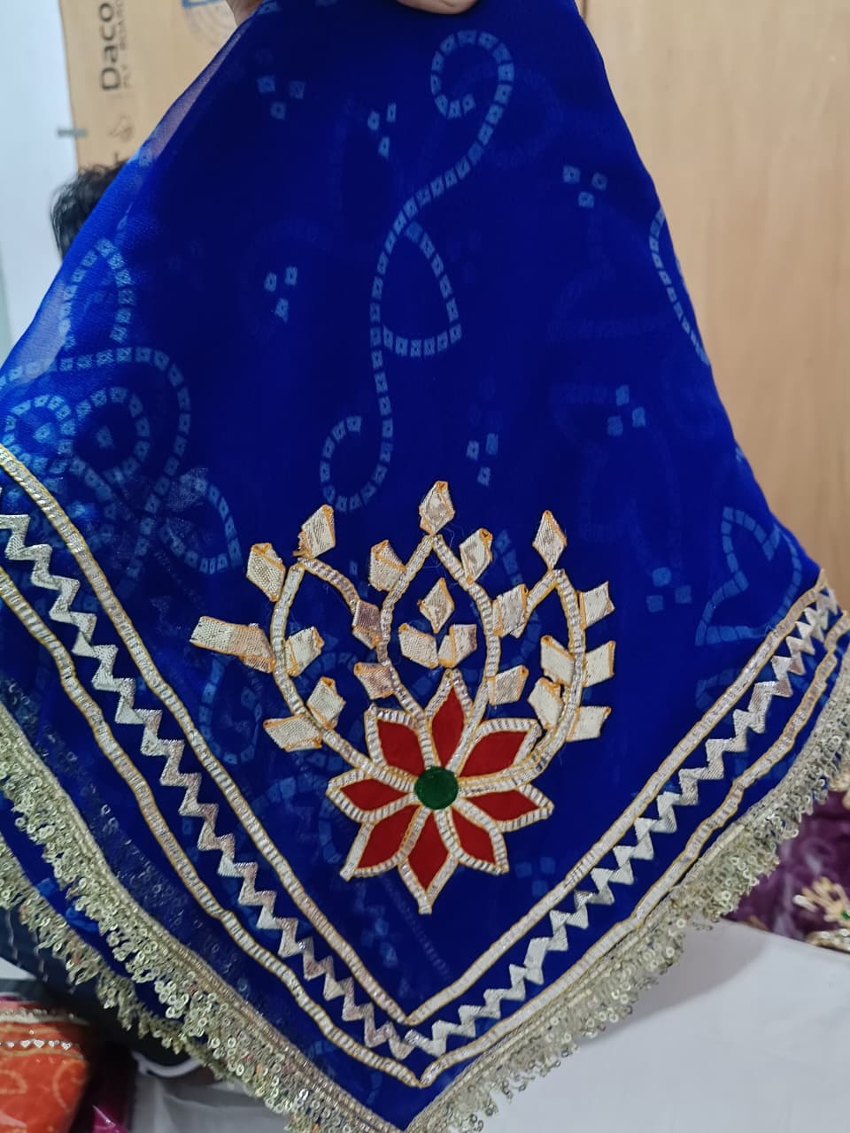Royal Bandhani Georgette Saree With gota hand work by pcd