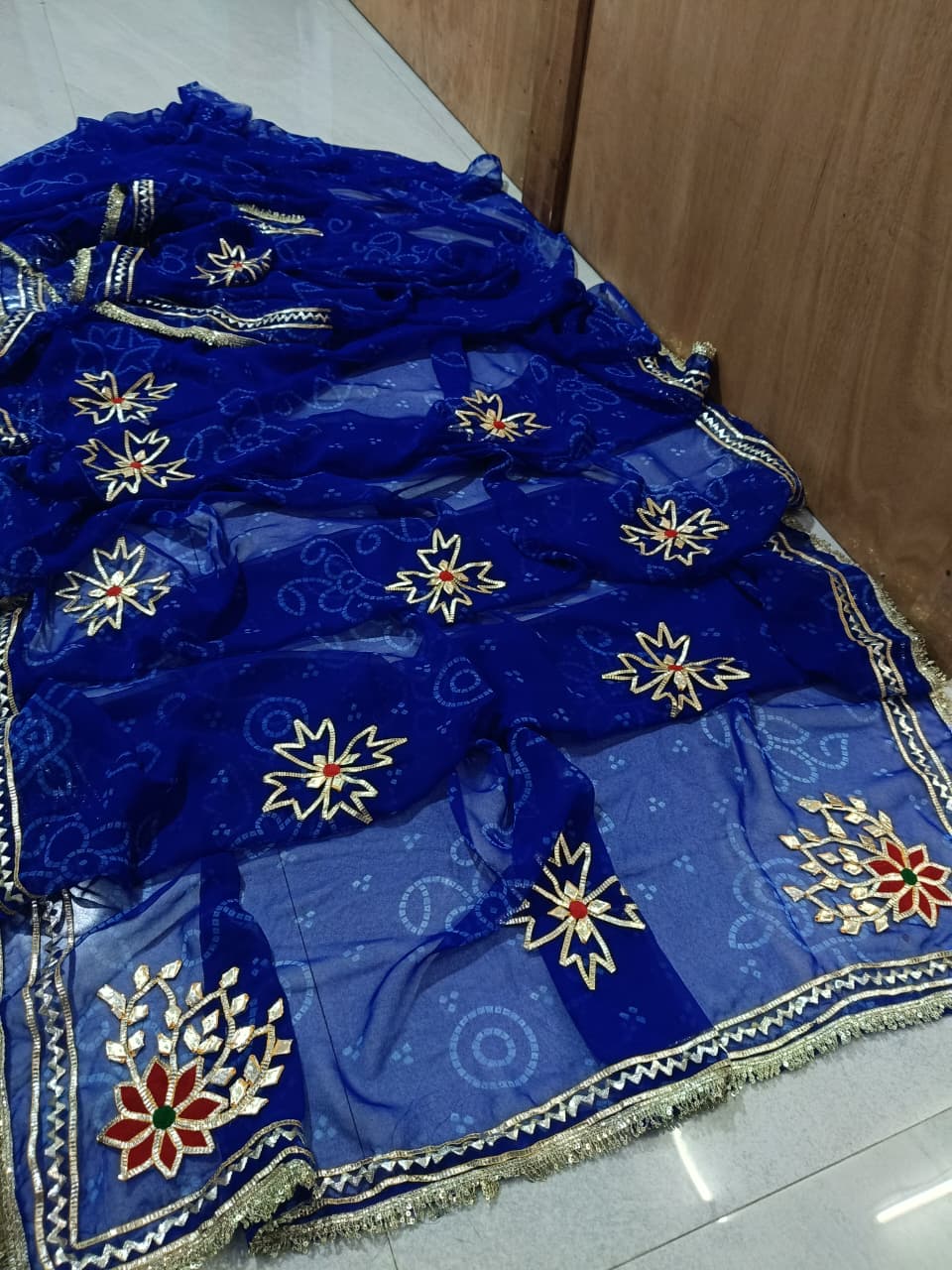 Royal Bandhani Georgette Saree With gota hand work by pcd