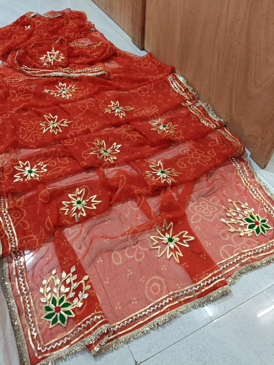 Royal Bandhani Georgette Saree With gota hand work by pcd