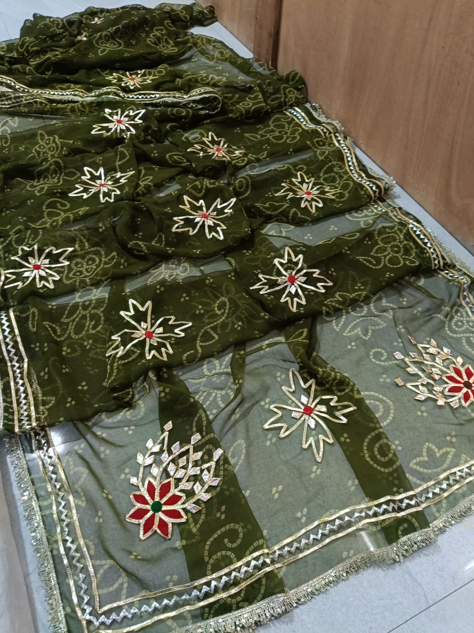 Royal Bandhani Georgette Saree With gota hand work by pcd