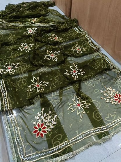 Royal Bandhani Georgette Saree With gota hand work by pcd