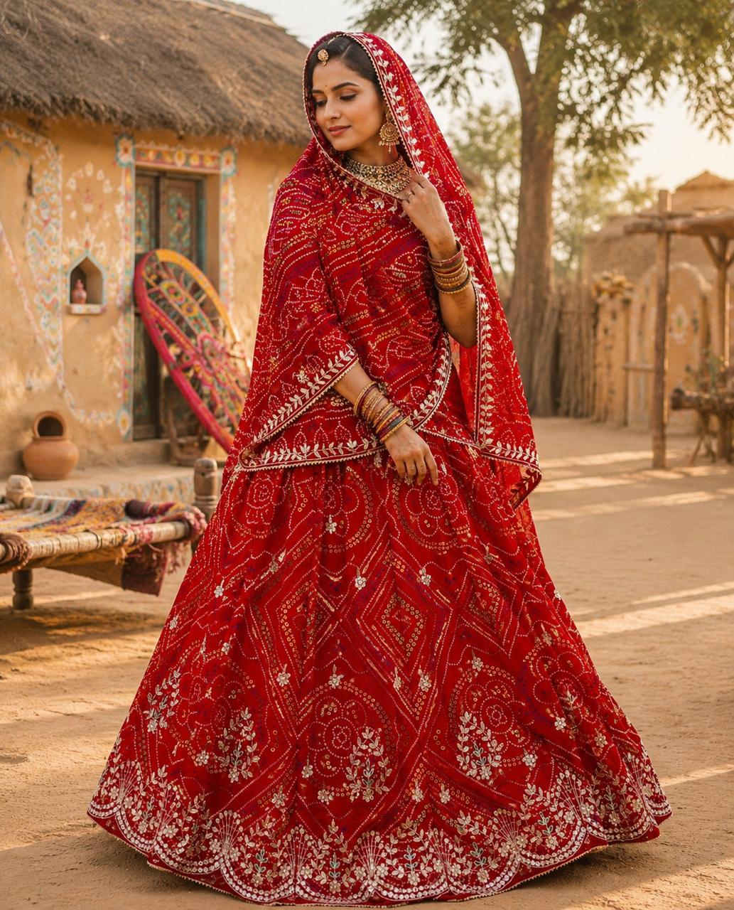 New pure Georgette Bandhej With Cutdana Gotapatti work Jaipuri Lehenga BY PCD