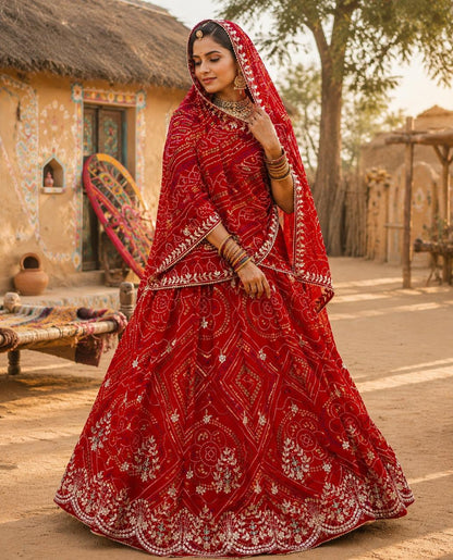 New pure Georgette Bandhej With Cutdana Gotapatti work Jaipuri Lehenga BY PCD