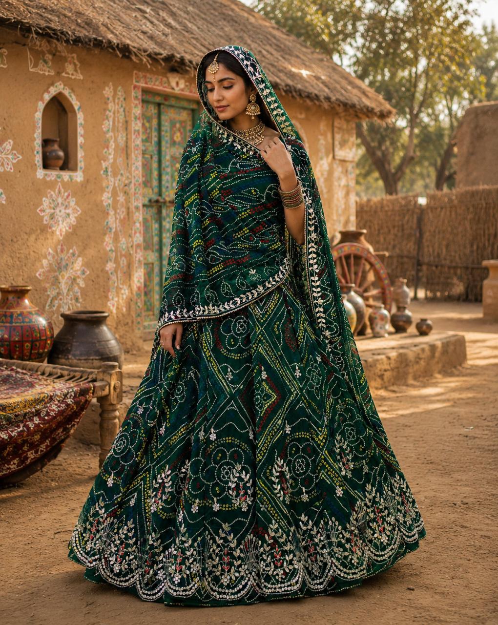 New pure Georgette Bandhej With Cutdana Gotapatti work Jaipuri Lehenga BY PCD
